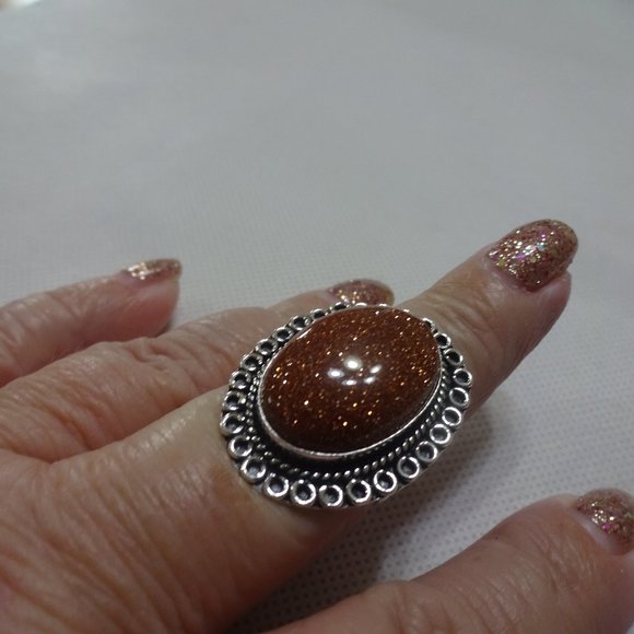 Sparkling "GOLD SUNSTONE" Handmade Sterling Ring Size 9 #695A - Picture 1 of 3